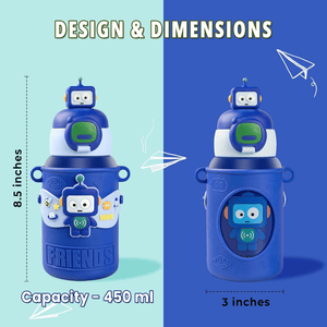 CuddleNest Cool Robot Kids’ Water Bottle – 450ml, Insulated & Travel - Friendly with Mini Toys! - Water_Bottle_Robot_Blue_21*8*8