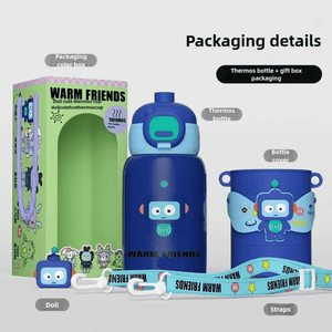 CuddleNest Cool Robot Kids’ Water Bottle – 450ml, Insulated & Travel - Friendly with Mini Toys! - Water_Bottle_Robot_Blue_21*8*8
