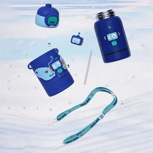 CuddleNest Cool Robot Kids’ Water Bottle – 450ml, Insulated & Travel - Friendly with Mini Toys! - Water_Bottle_Robot_Blue_21*8*8