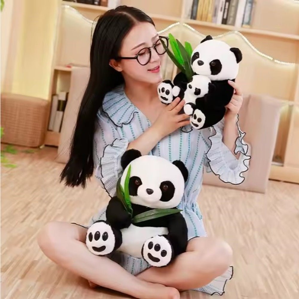 CuddleNest Cuddly Panda Mom and Baby Plush Toy Set – Soft Hugging Stuffed Animals with Bamboo Accent - Panda With Baby Panda & Leaf_White_38*22*18
