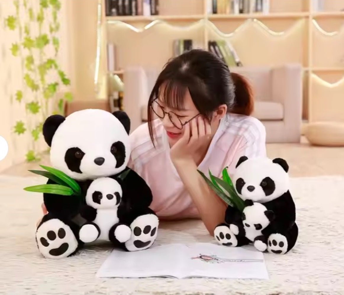 CuddleNest Cuddly Panda Mom and Baby Plush Toy Set – Soft Hugging Stuffed Animals with Bamboo Accent - Panda With Baby Panda & Leaf_White_38*22*18