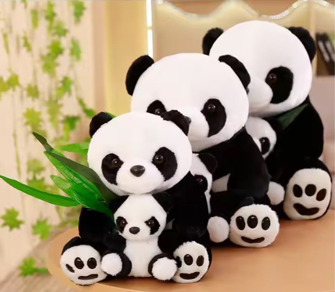 CuddleNest Cuddly Panda Mom and Baby Plush Toy Set – Soft Hugging Stuffed Animals with Bamboo Accent - Panda With Baby Panda & Leaf_White_38*22*18