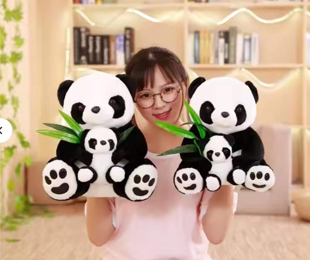 CuddleNest Cuddly Panda Mom and Baby Plush Toy Set – Soft Hugging Stuffed Animals with Bamboo Accent - Panda With Baby Panda & Leaf_White_38*22*18