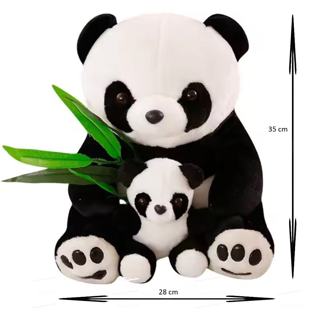 CuddleNest Cuddly Panda Mom and Baby Plush Toy Set – Soft Hugging Stuffed Animals with Bamboo Accent - Panda With Baby Panda & Leaf_White_38*22*18