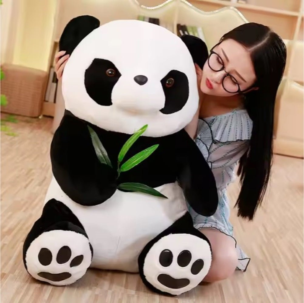 CuddleNest Cuddly Panda Mom and Baby Plush Toy Set – Soft Hugging Stuffed Animals with Bamboo Accent - Panda With Baby Panda & Leaf_White_38*22*18
