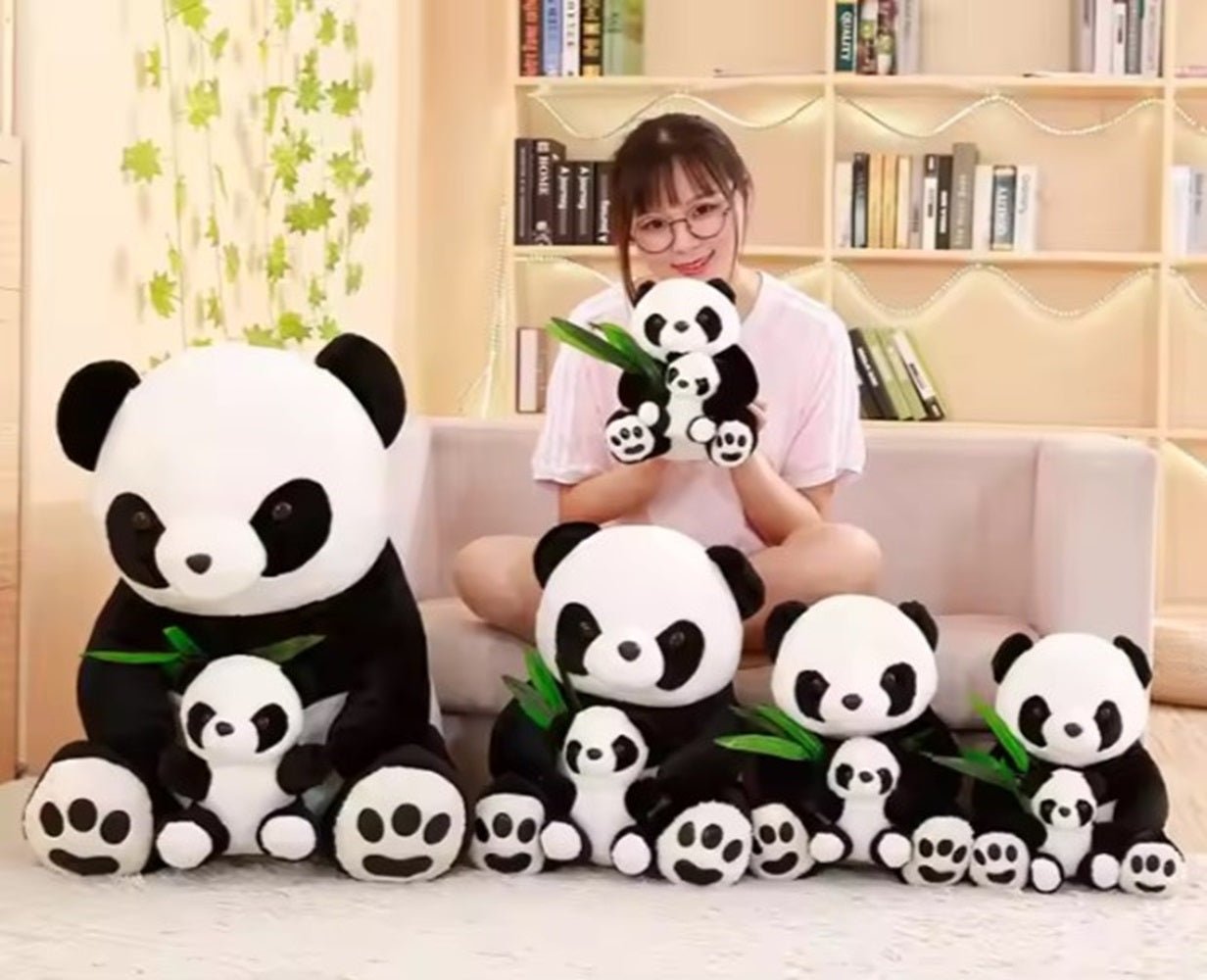 CuddleNest Cuddly Panda Mom and Baby Plush Toy Set – Soft Hugging Stuffed Animals with Bamboo Accent - Panda With Baby Panda & Leaf_White_38*22*18