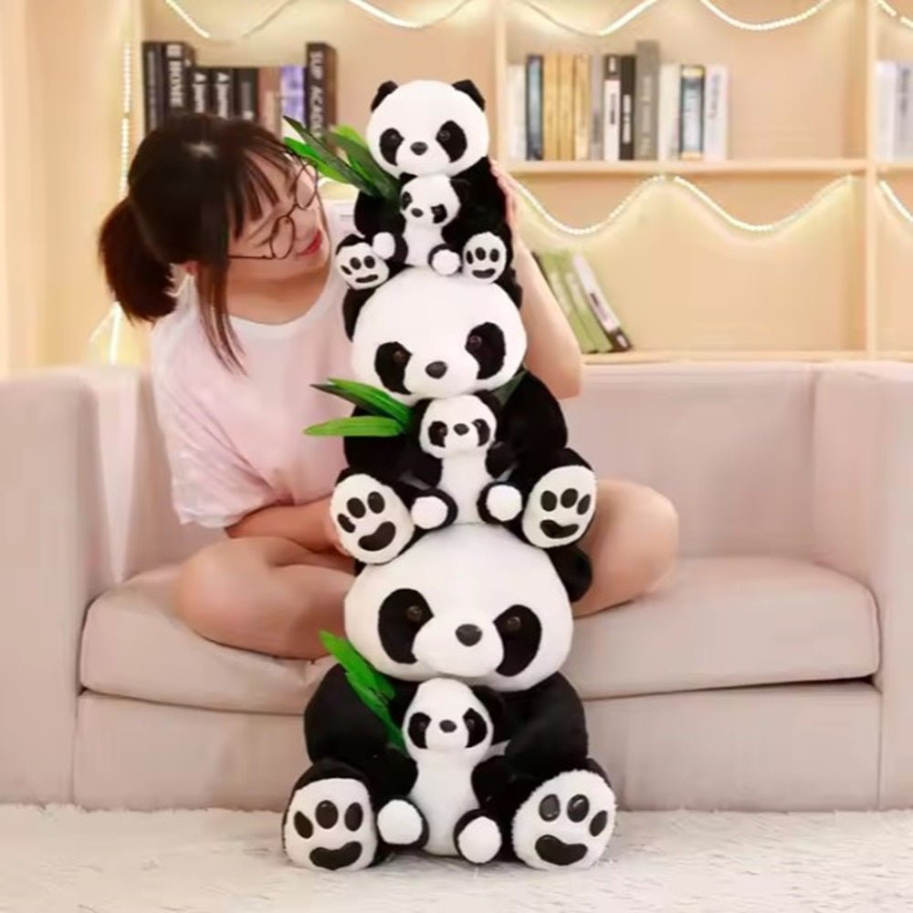 CuddleNest Cuddly Panda Mom and Baby Plush Toy Set – Soft Hugging Stuffed Animals with Bamboo Accent - Panda With Baby Panda & Leaf_White_38*22*18