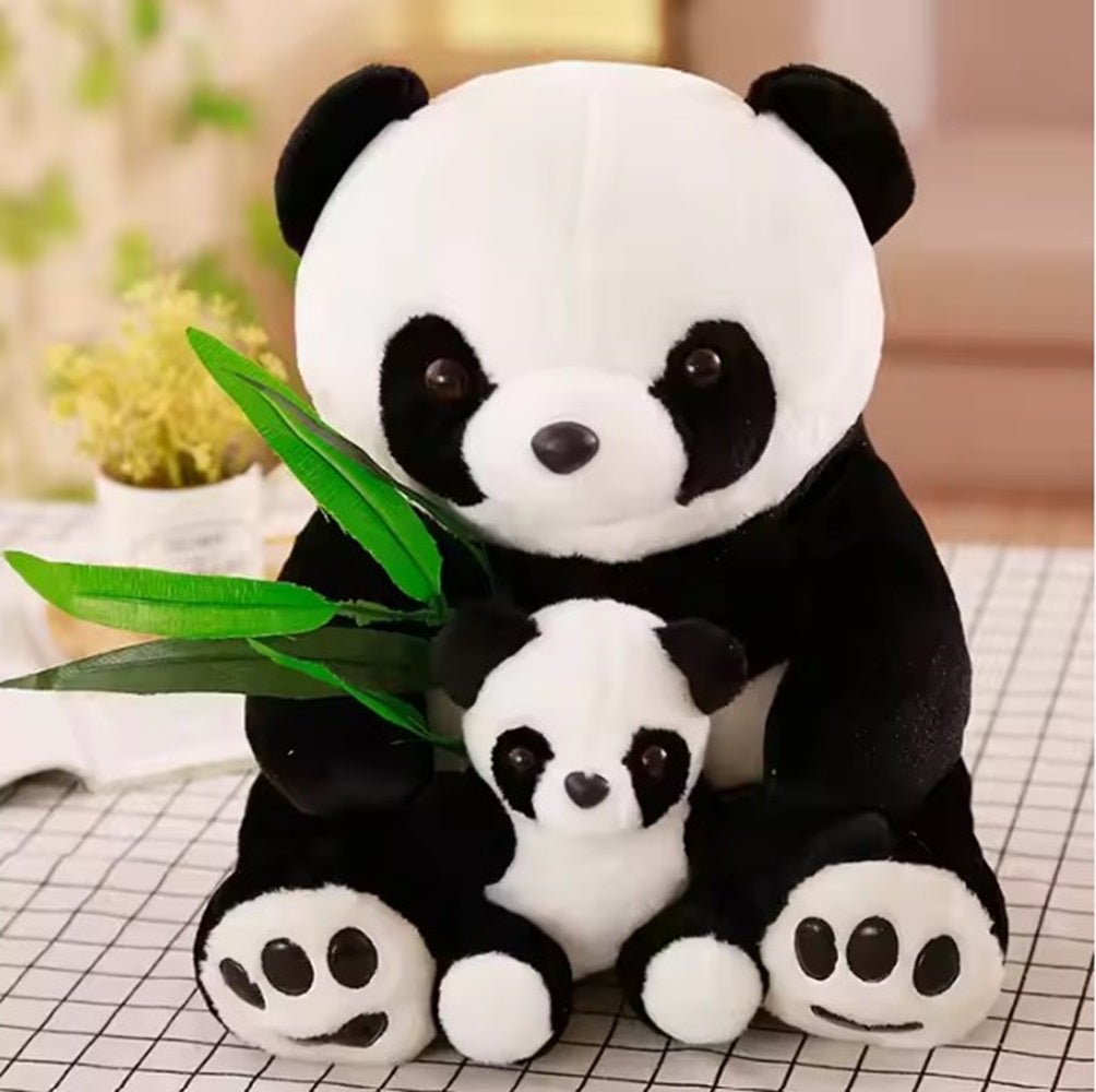 CuddleNest Cuddly Panda Mom and Baby Plush Toy Set – Soft Hugging Stuffed Animals with Bamboo Accent - Panda With Baby Panda & Leaf_White_38*22*18