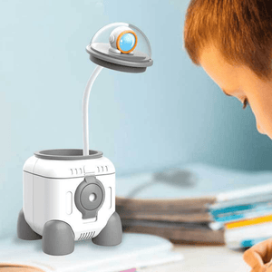 CuddleNest Cute Astronaut LED Desk Lamp – Flexible Gooseneck, USB Rechargeable & Pencil Sharpener - Mini Lamp_Rocket_Blue_13*9*9