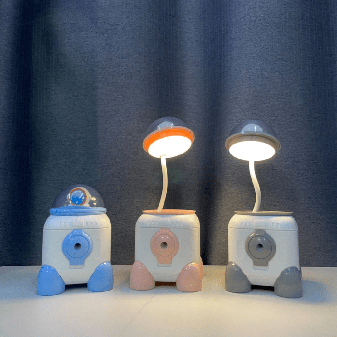 CuddleNest Cute Astronaut LED Desk Lamp – Flexible Gooseneck, USB Rechargeable & Pencil Sharpener - Mini Lamp_Rocket_Blue_13*9*9
