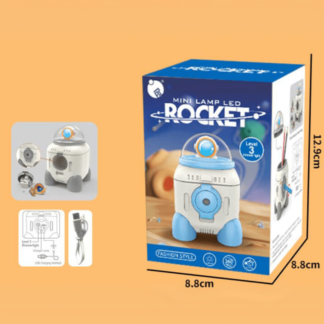 CuddleNest Cute Astronaut LED Desk Lamp – Flexible Gooseneck, USB Rechargeable & Pencil Sharpener - Mini Lamp_Rocket_Blue_13*9*9