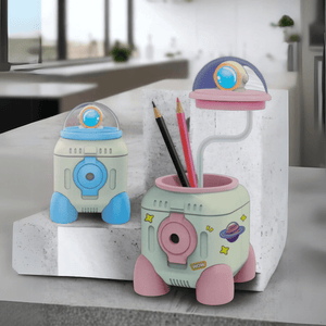 CuddleNest Cute Astronaut LED Desk Lamp – Flexible Gooseneck, USB Rechargeable & Pencil Sharpener - Mini Lamp_Rocket_Blue_13*9*9