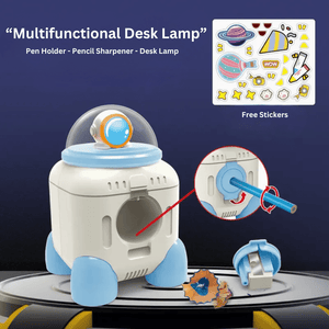 CuddleNest Cute Astronaut LED Desk Lamp – Flexible Gooseneck, USB Rechargeable & Pencil Sharpener - Mini Lamp_Rocket_Blue_13*9*9