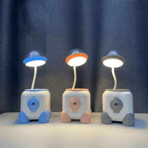 CuddleNest Cute Astronaut LED Desk Lamp – Flexible Gooseneck, USB Rechargeable & Pencil Sharpener - Mini Lamp_Rocket_Blue_13*9*9