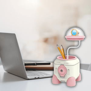 CuddleNest Cute Astronaut LED Desk Lamp – Flexible Gooseneck, USB Rechargeable & Pencil Sharpener - Mini Lamp_Rocket_Blue_13*9*9