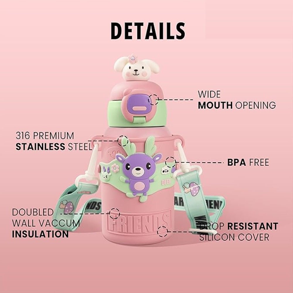 CuddleNest Cute Deer Character 450ml Kids Water Bottle | Vacuum Insulated, Leak - Proof, Stainless Steel Inside, Sipper & Straw, Push Button Lid | Perfect for School, Playdates, Travel, and Gifting - Water_Bottle_Deer_Pink_21*8*8