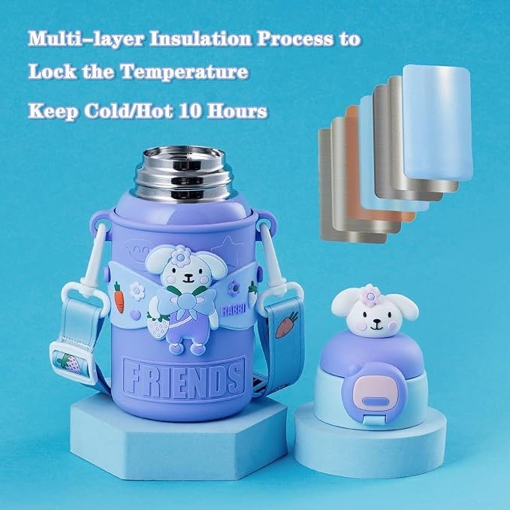 CuddleNest Cute Deer Character 450ml Kids Water Bottle | Vacuum Insulated, Leak - Proof, Stainless Steel Inside, Sipper & Straw, Push Button Lid | Perfect for School, Playdates, Travel, and Gifting - Water_Bottle_Deer_Pink_21*8*8