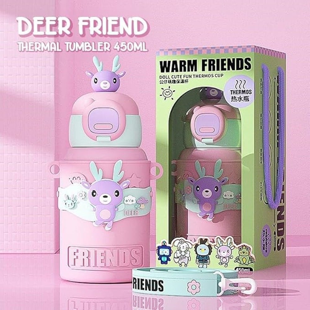 CuddleNest Cute Deer Character 450ml Kids Water Bottle | Vacuum Insulated, Leak - Proof, Stainless Steel Inside, Sipper & Straw, Push Button Lid | Perfect for School, Playdates, Travel, and Gifting - Water_Bottle_Deer_Pink_21*8*8