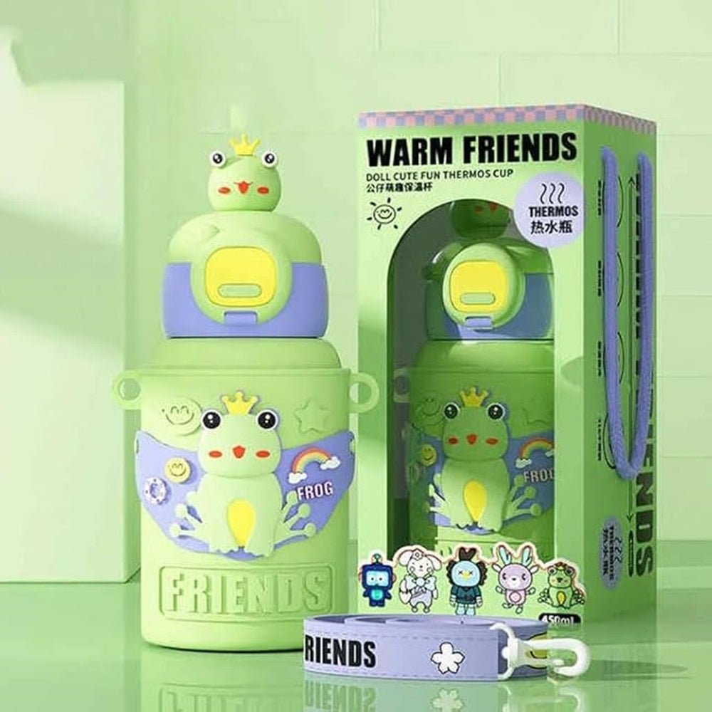 CuddleNest Cute Frog Friends Kids Water Bottle – 450ml, - Water_Bottle_Frog_Green_21*8*8