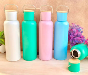 CuddleNest Eco Stainless Steel Water Bottle | Leak - Proof Bottle with Bamboo Top - Water Bottle_Brown Box_Blue