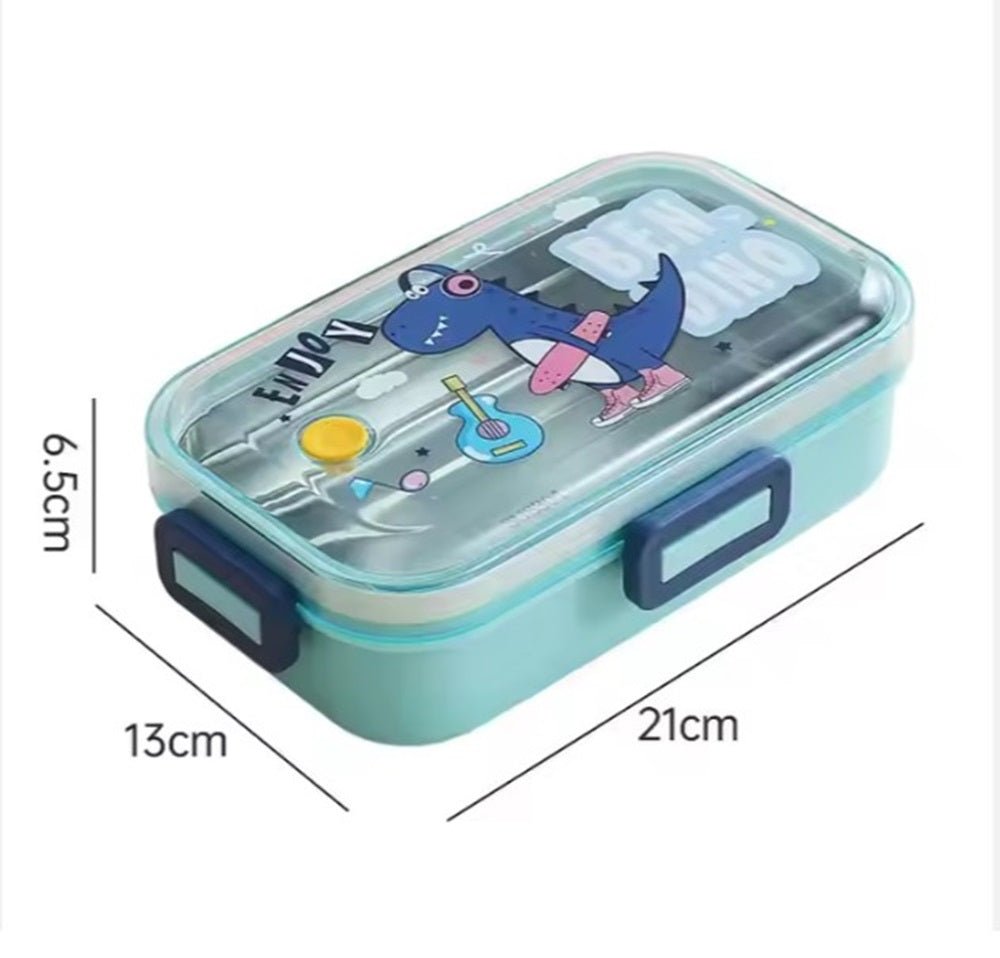 CuddleNest Green Dino Kids Stainless Steel Lunch Box | 700ml + 100ml Soup Bowl | Leak - Proof | 4 - Lock Anti - Spill Design | Heat Insulation | Kids Tiffin Box for School & Travel - S.S. Utensils Lunch Box_2 Com_Green_Bendino_21*13*6