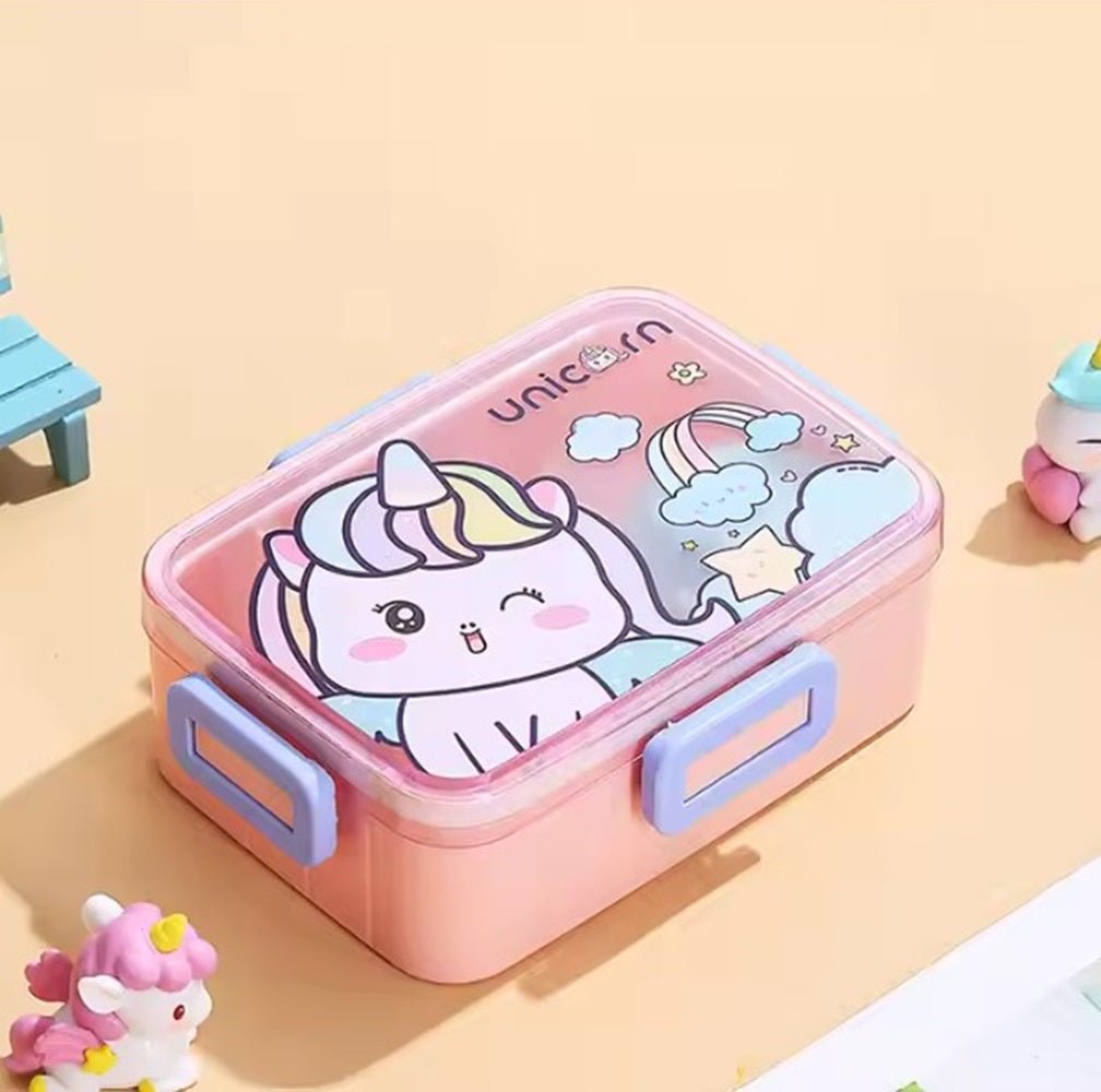 CuddleNest Kids Cartoon Lunch Box – 600ml + 100ml Stainless Steel Tiffin with Extra Bowl - S.S._Lunch Box_1 Com_Pink_Unicorn_18*13*6