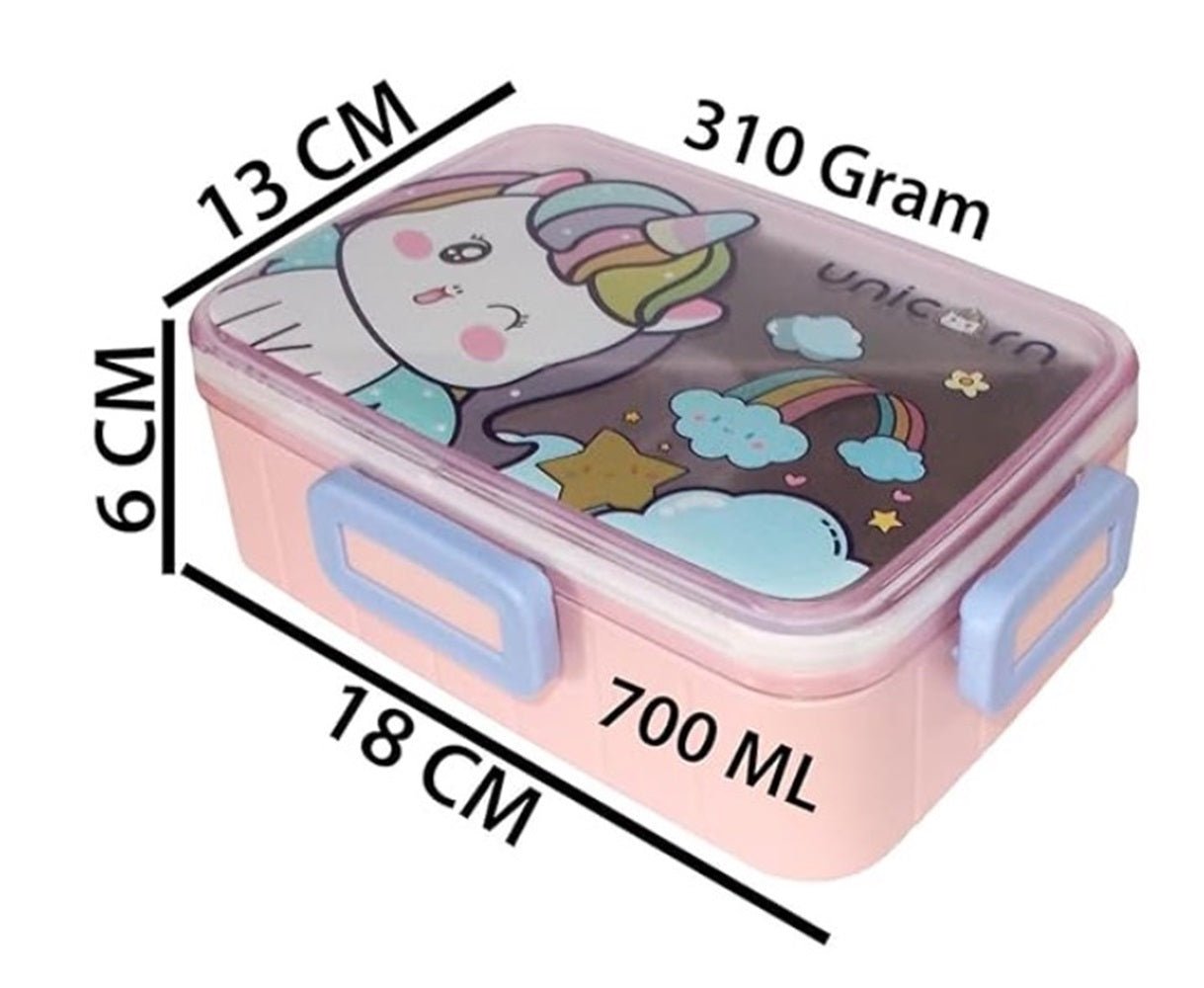 CuddleNest Kids Cartoon Lunch Box – 600ml + 100ml Stainless Steel Tiffin with Extra Bowl - S.S._Lunch Box_1 Com_Pink_Unicorn_18*13*6