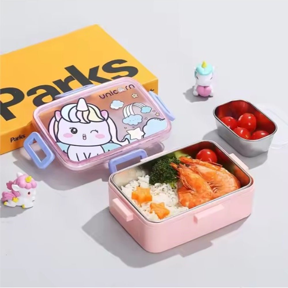 CuddleNest Kids Cartoon Lunch Box – 600ml + 100ml Stainless Steel Tiffin with Extra Bowl - S.S._Lunch Box_1 Com_Pink_Unicorn_18*13*6