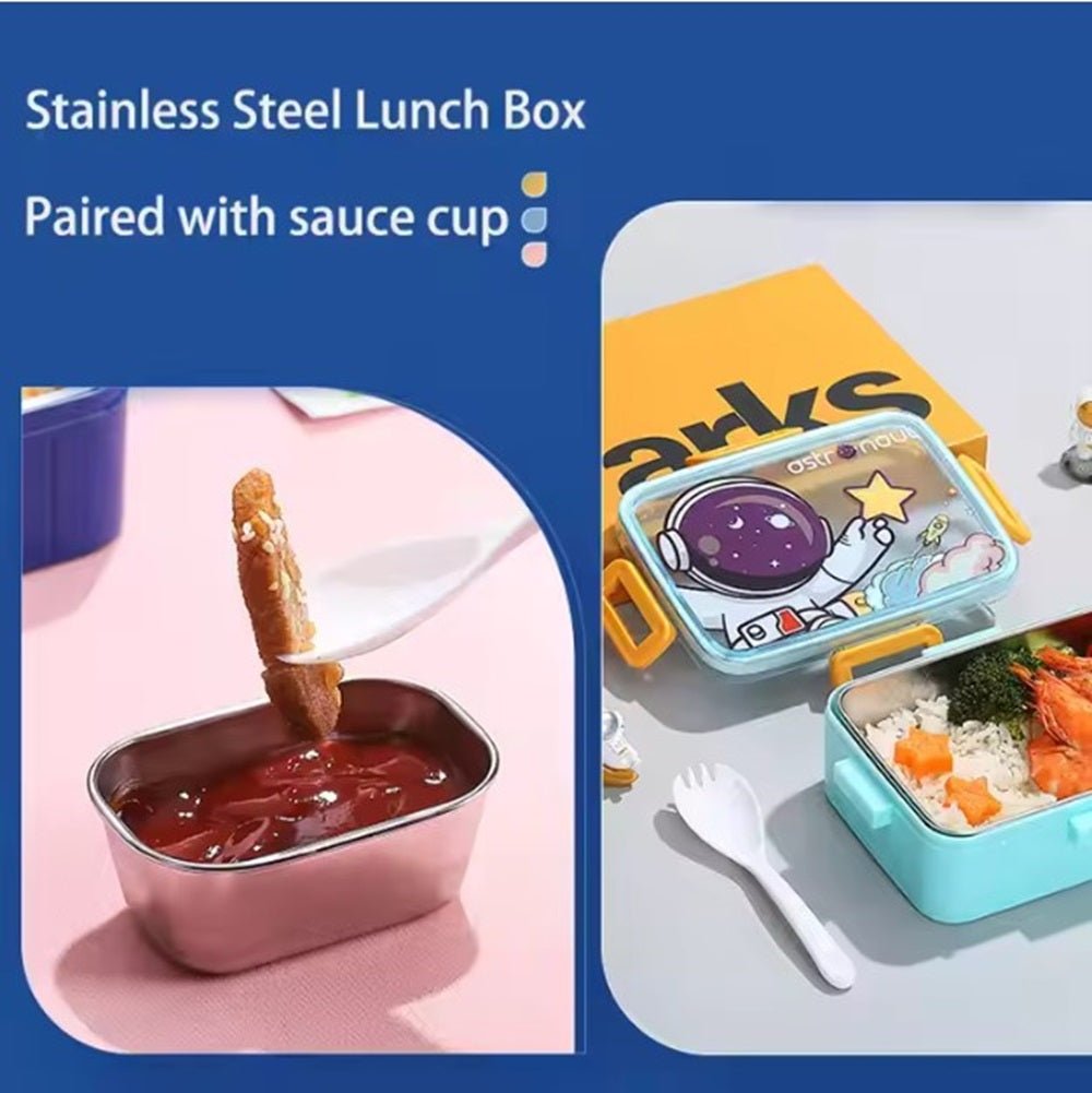 CuddleNest Kids Cartoon Lunch Box – 600ml + 100ml Stainless Steel Tiffin with Extra Bowl | Leakproof, BPA - Free & Cute Designs Dino (Blue) - S.S._Lunch Box_1 Com_Blue_Dinosaur_18*13*6