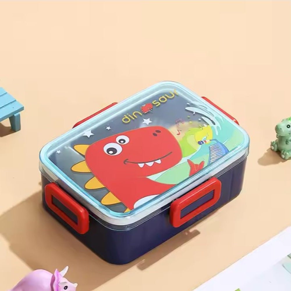 CuddleNest Kids Cartoon Lunch Box – 600ml + 100ml Stainless Steel Tiffin with Extra Bowl | Leakproof, BPA - Free & Cute Designs Dino (Blue) - S.S._Lunch Box_1 Com_Blue_Dinosaur_18*13*6