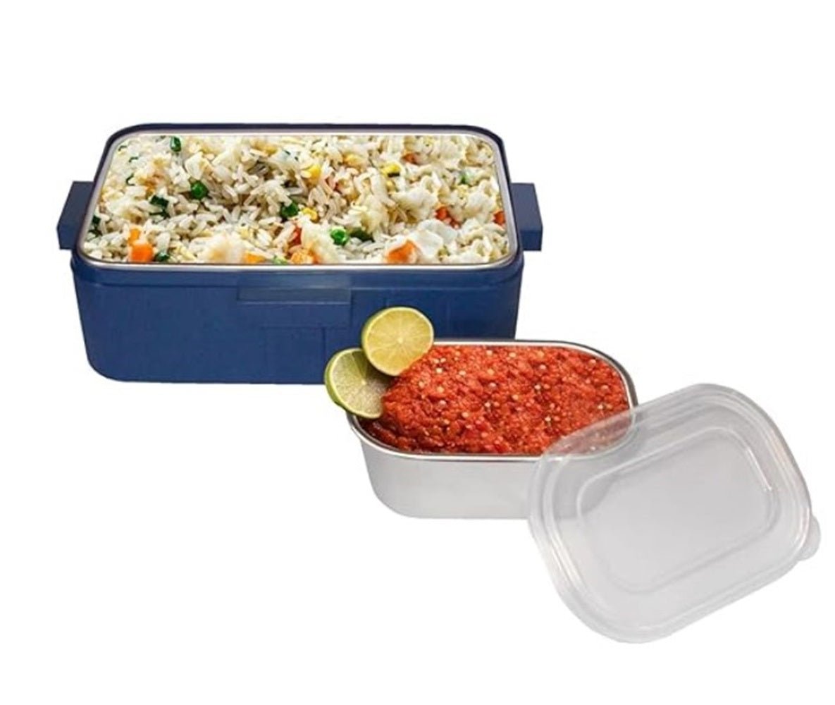 CuddleNest Kids Cartoon Lunch Box – 600ml + 100ml Stainless Steel Tiffin with Extra Bowl | Leakproof, BPA - Free & Cute Designs Dino (Blue) - S.S._Lunch Box_1 Com_Blue_Dinosaur_18*13*6