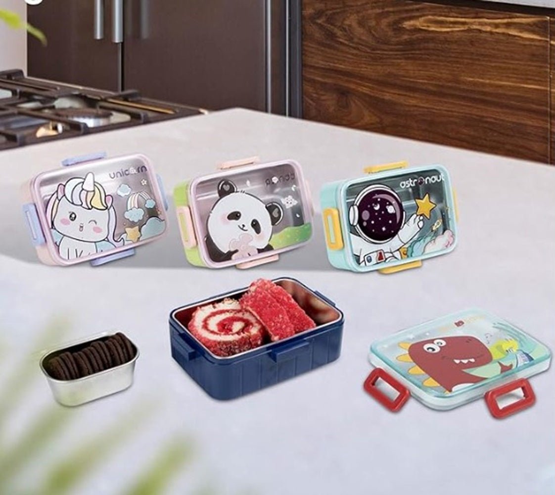CuddleNest Kids Cartoon Lunch Box – 600ml + 100ml Stainless Steel Tiffin with Extra Bowl | Leakproof, BPA - Free & Cute Designs Dino (Blue) - S.S._Lunch Box_1 Com_Blue_Dinosaur_18*13*6