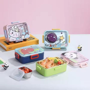 CuddleNest Kids Cartoon Lunch Box – 600ml + 100ml Stainless Steel Tiffin with Extra Bowl | Leakproof, BPA-Free & Cute Designs Panda (Green)