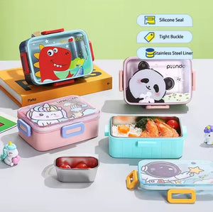 CuddleNest Kids Cartoon Lunch Box – 600ml + 100ml Stainless Steel Tiffin with Extra Bowl | Leakproof, BPA-Free & Cute Designs Panda (Green)