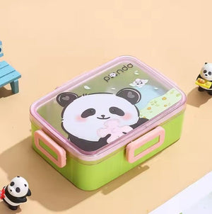 CuddleNest Kids Cartoon Lunch Box – 600ml + 100ml Stainless Steel Tiffin with Extra Bowl | Leakproof, BPA-Free & Cute Designs Panda (Green)