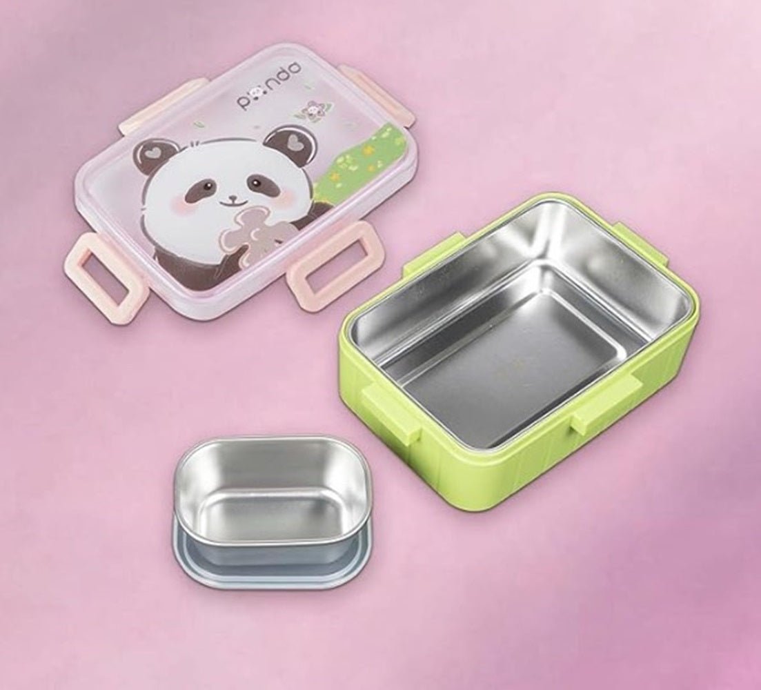 CuddleNest Kids Cartoon Lunch Box – 600ml + 100ml Stainless Steel Tiffin with Extra Bowl | Leakproof, BPA - Free & Cute Designs Panda (Green) - S.S._Lunch Box_1 Com_Green_Panda_18*13*6