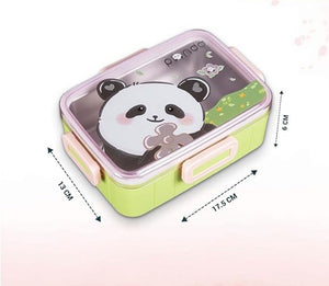 CuddleNest Kids Cartoon Lunch Box – 600ml + 100ml Stainless Steel Tiffin with Extra Bowl | Leakproof, BPA-Free & Cute Designs Panda (Green)