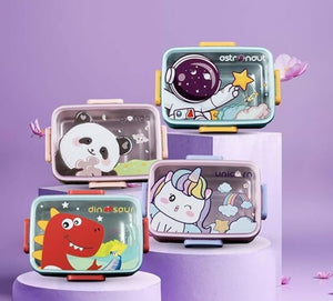 CuddleNest Kids Cartoon Lunch Box – 600ml + 100ml Stainless Steel Tiffin with Extra Bowl | Leakproof, BPA-Free & Cute Designs Space (Cyan)