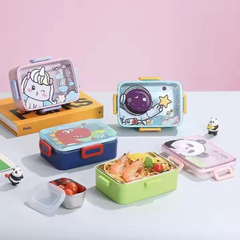 CuddleNest Kids Cartoon Lunch Box – 600ml + 100ml Stainless Steel Tiffin with Extra Bowl | Leakproof, BPA - Free & Cute Designs Space (Cyan) - S.S._Lunch Box_1 Com_Cyan_Astronaut_18*13*6
