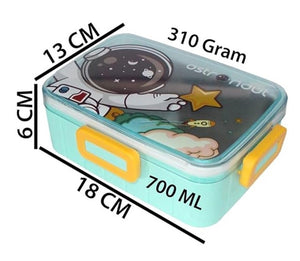 CuddleNest Kids Cartoon Lunch Box – 600ml + 100ml Stainless Steel Tiffin with Extra Bowl | Leakproof, BPA-Free & Cute Designs Space (Cyan)