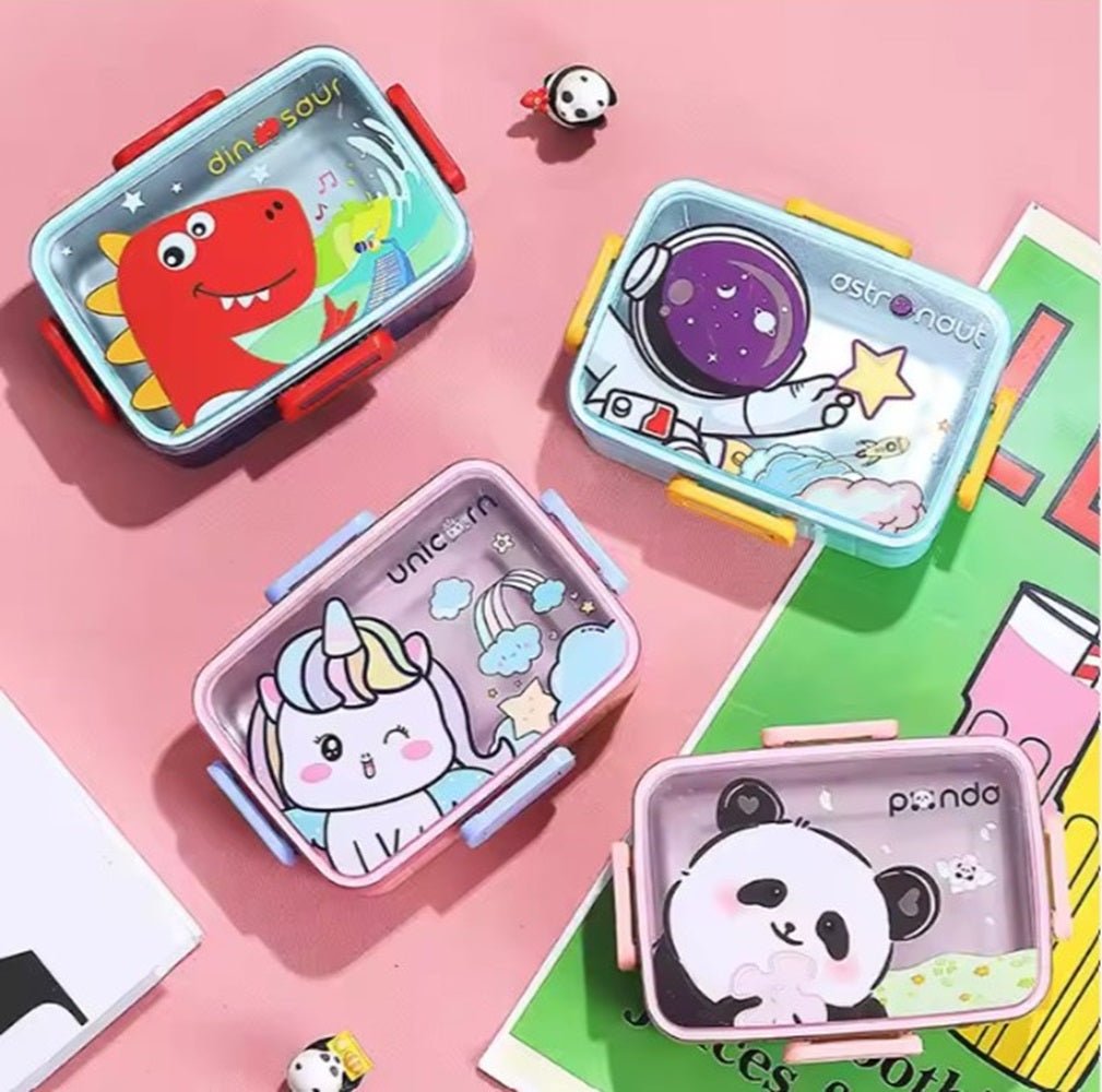 CuddleNest Kids Cartoon Lunch Box – 600ml + 100ml Stainless Steel Tiffin with Extra Bowl | Leakproof, BPA - Free & Cute Designs Space (Cyan) - S.S._Lunch Box_1 Com_Cyan_Astronaut_18*13*6