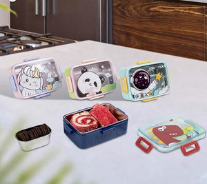 CuddleNest Kids Cartoon Lunch Box – 600ml + 100ml Stainless Steel Tiffin with Extra Bowl | Leakproof, BPA-Free & Cute Designs Space (Cyan)