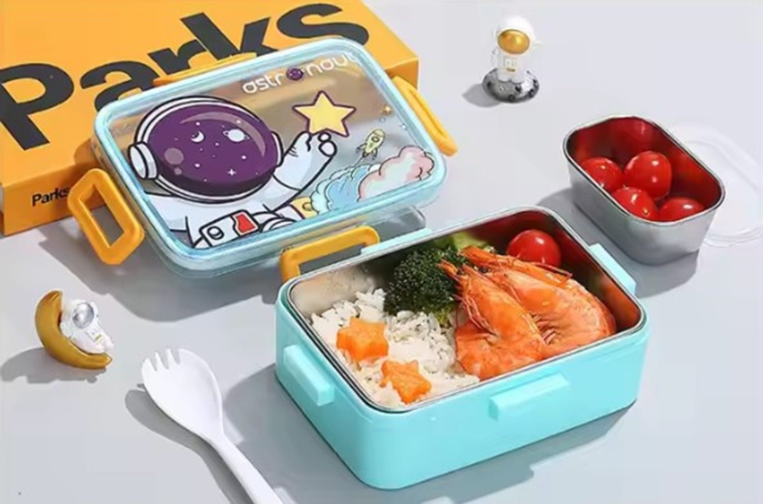CuddleNest Kids Cartoon Lunch Box – 600ml + 100ml Stainless Steel Tiffin with Extra Bowl | Leakproof, BPA - Free & Cute Designs Space (Cyan) - S.S._Lunch Box_1 Com_Cyan_Astronaut_18*13*6