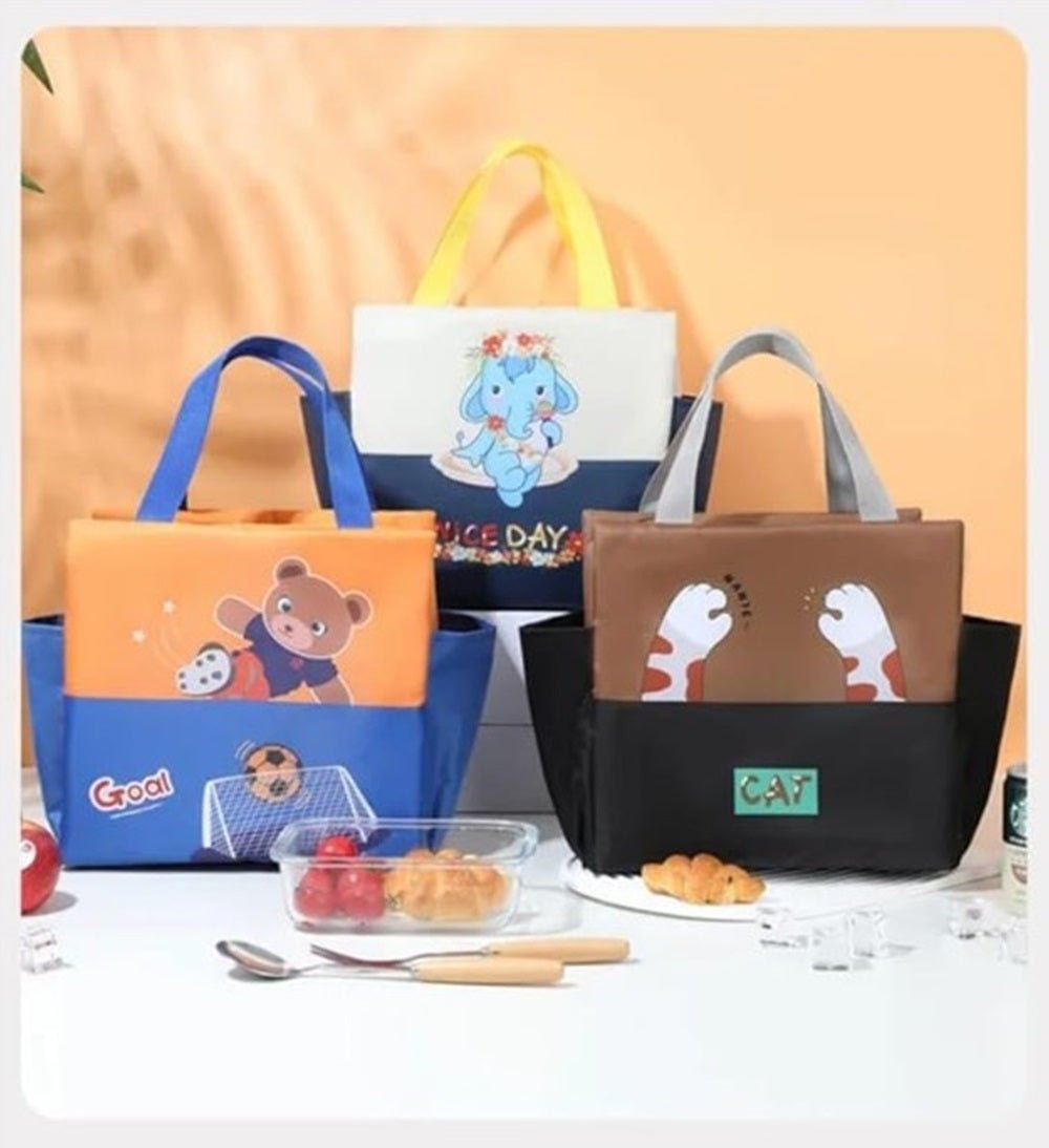 CuddleNest Kids Lunch Tote – Dual Colour, Insulated, Waterproof Food Storage Bag with Adorable Animal Prints for Girls & Boys (Beige & Navy Blue) - Lunch Box Bag_Cream_Nice Day_40*26*14