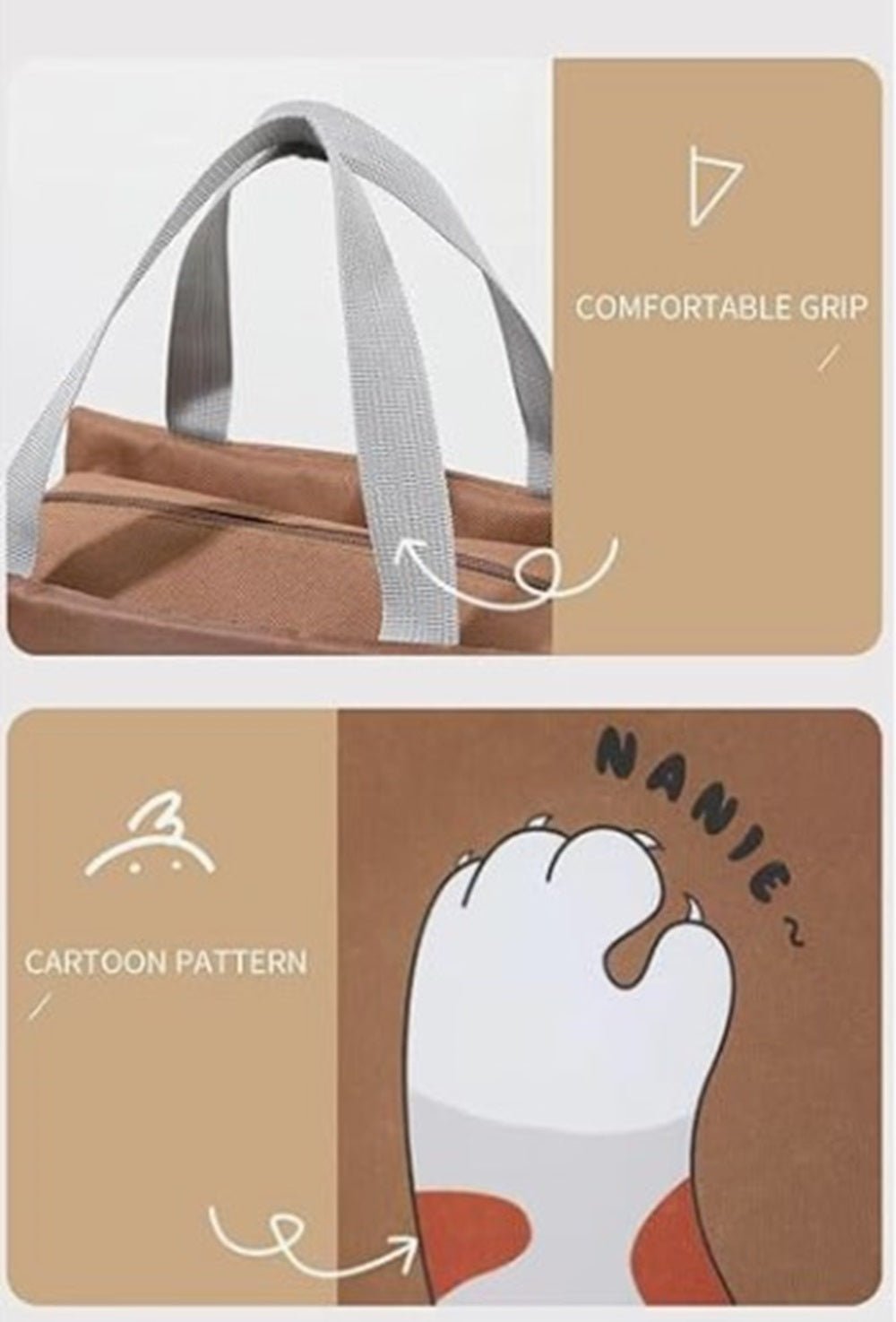 CuddleNest Kids Lunch Tote – Dual Colour, Insulated, Waterproof Food Storage Bag with Adorable Animal Prints for Girls & Boys (Beige & Navy Blue) - Lunch Box Bag_Cream_Nice Day_40*26*14