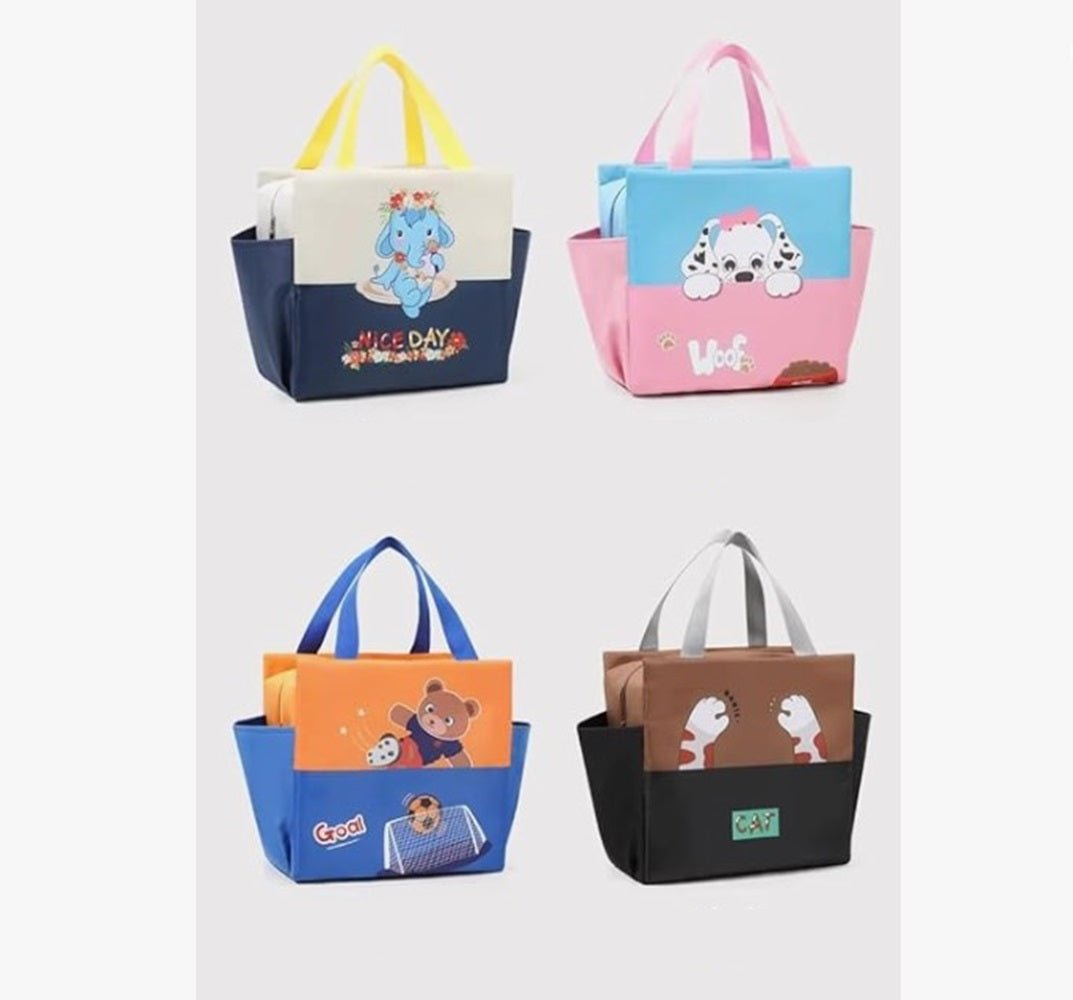 CuddleNest Kids Lunch Tote – Dual Colour, Insulated, Waterproof Food Storage Bag with Adorable Animal Prints for Girls & Boys (Beige & Navy Blue) - Lunch Box Bag_Cream_Nice Day_40*26*14