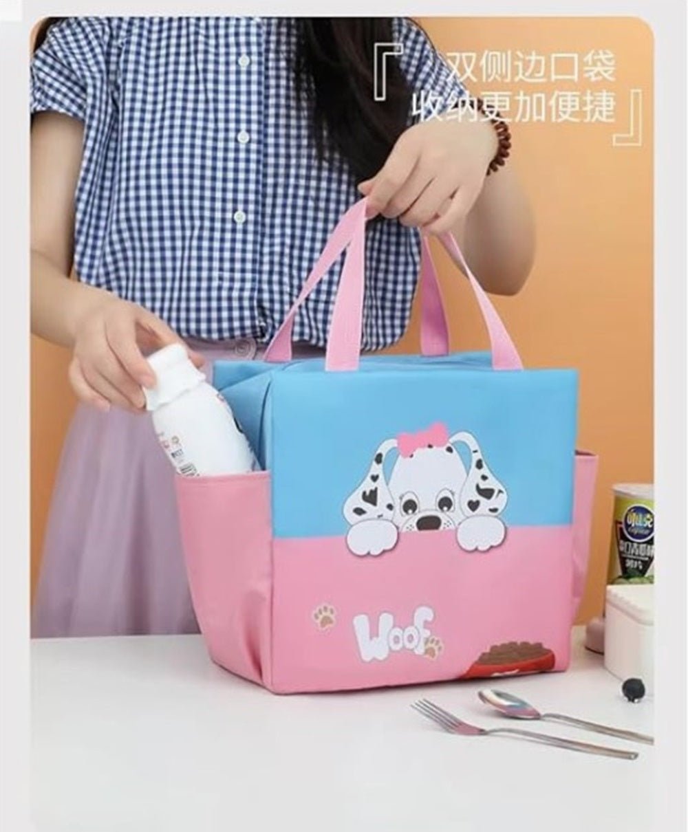 CuddleNest Kids Lunch Tote – Dual Colour, Insulated, Waterproof Food Storage Bag with Adorable Animal Prints for Girls & Boys (Beige & Navy Blue) - Lunch Box Bag_Cream_Nice Day_40*26*14