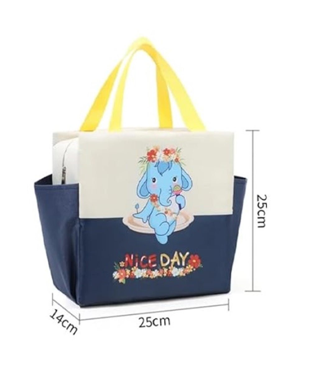 CuddleNest Kids Lunch Tote – Dual Colour, Insulated, Waterproof Food Storage Bag with Adorable Animal Prints for Girls & Boys (Beige & Navy Blue) - Lunch Box Bag_Cream_Nice Day_40*26*14