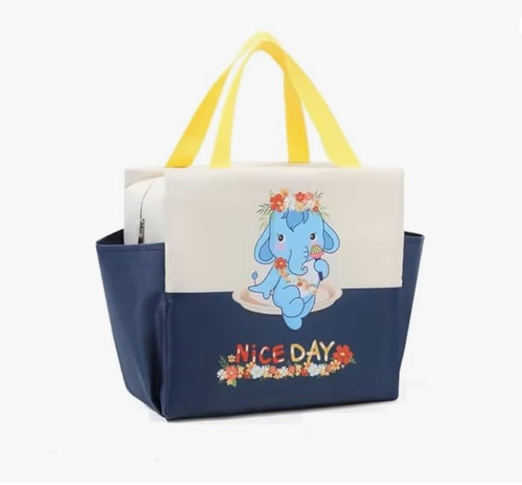 CuddleNest Kids Lunch Tote – Dual Colour, Insulated, Waterproof Food Storage Bag with Adorable Animal Prints for Girls & Boys (Beige & Navy Blue) - Lunch Box Bag_Cream_Nice Day_40*26*14