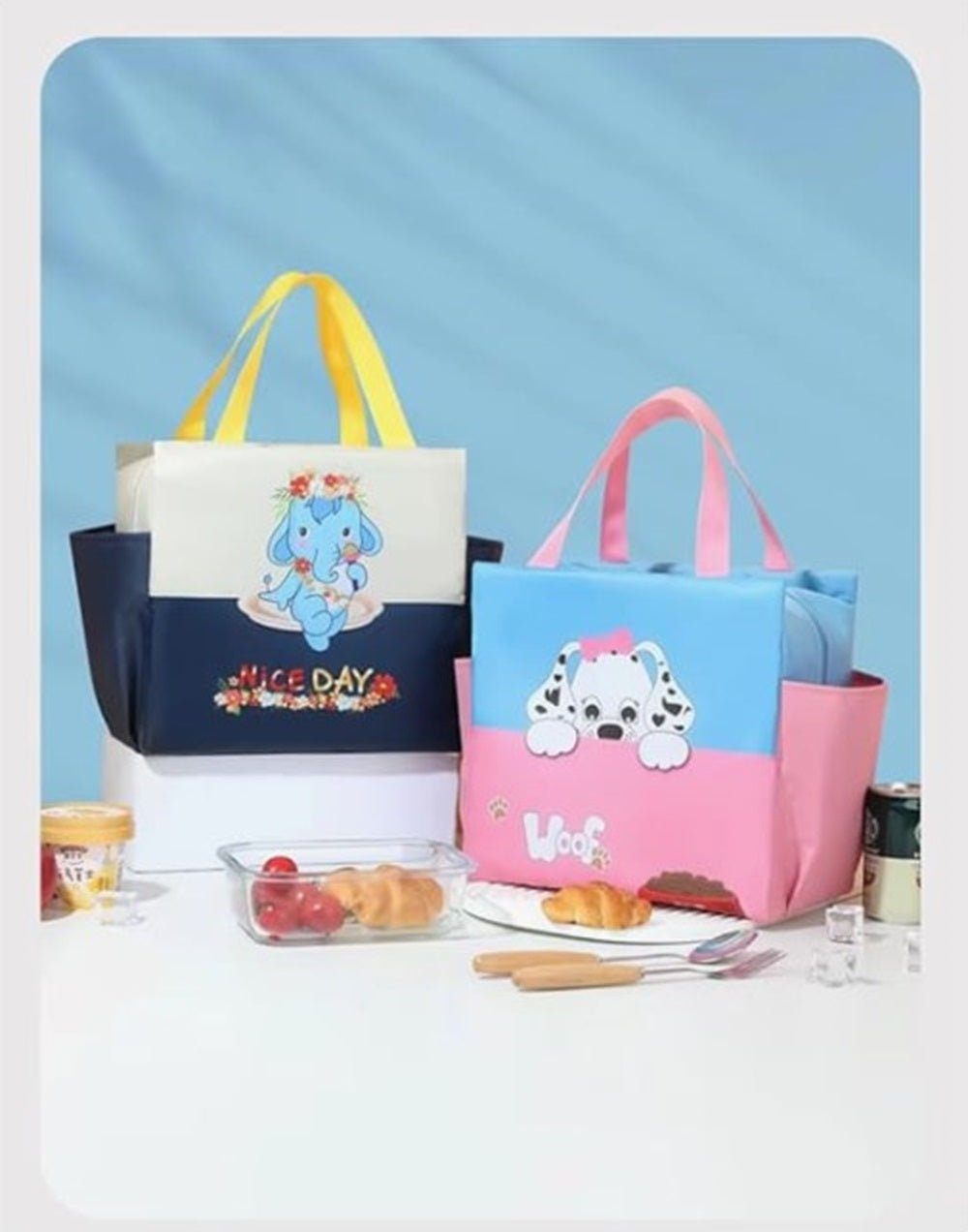 CuddleNest Kids Lunch Tote – Dual Colour, Insulated, Waterproof Food Storage Bag with Adorable Animal Prints for Girls & Boys (Beige & Navy Blue) - Lunch Box Bag_Cream_Nice Day_40*26*14